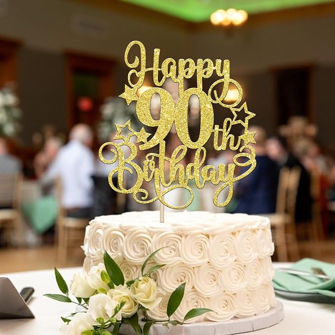 1 PCS Happy 90th Birthday Cake Topper Glitter Cheers to 90 Years Birthday Cake Pick Hello 90 Fabulous Cake Decoration for Happy 90th Birthday Anniversary Party Decorations Supplies Gold