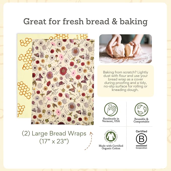 Bee's Wrap Beeswax Wraps for Food - Pack of 2 Bread Wraps - Meadow Magic & Honeycomb - Plastic Free Made in USA Reusable Bread Storage Bags - Organic & Sustainable Sourdough Bags