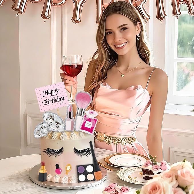 12PCS Makeup Cake Topper Makeup Cake Decorations with Lipstick Eye Shadow Makeup Brush for Girl Women Salon Birthday Party Decor Spa Party Supplies Make up Themed Party Decor Bachelorette
