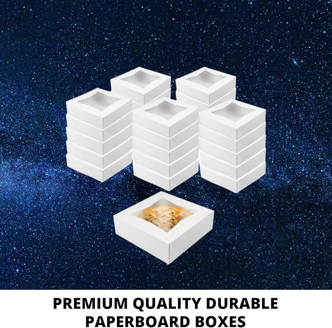 O’Creme White Bakery Boxes with Window 10x10x2.5 in, 25 Pack, Display Pies, Pastries, Cupcakes and Cookies | Paperboard White Kraft Auto-Popup Window Cake Boxes, Pie Pastry Container Carrier