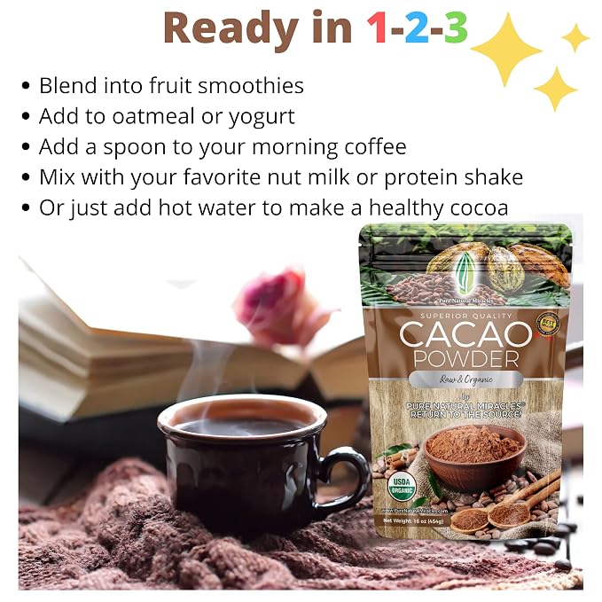 Pure Natural Miracles Cacao Powder Organic - Raw, Unsweetened, Non-Alkalized Cocoa - Ceremonial Grade, Single-Origin from Ecuador - Perfect for Hot Chocolate, Smoothies or Baking - 16 oz