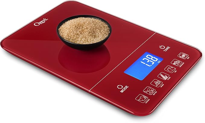 Ozeri Touch III 22 lb (10 kg) Digital Kitchen Scale with Calorie Counter in Tempered Glass, Red Engine