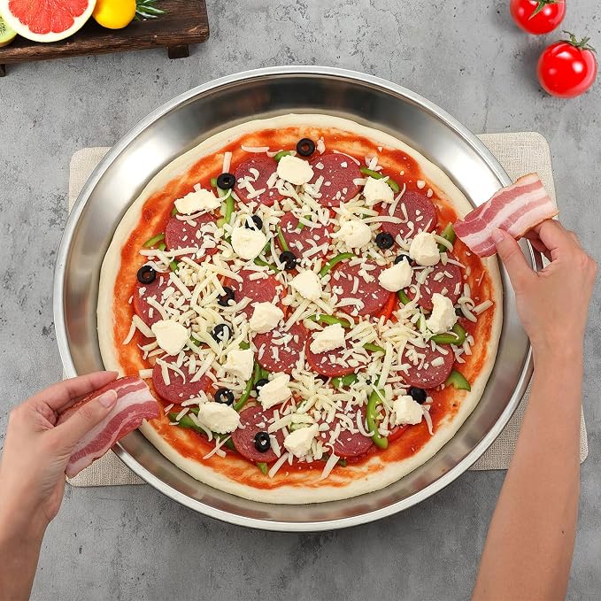 3 Pcs Deep Pizza Pans, 16" Stainless Steel Pizza Tray for Oven Reusable Round Kitchen Baking Cooking Pan Home Restaurant Safe Bakeware for Serving Displaying Cookie Cakes Pies, Dishwasher Safe