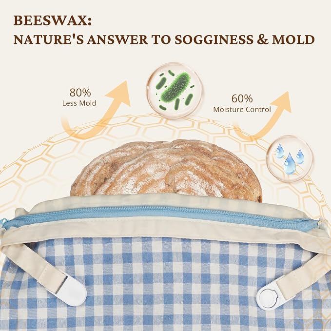 BRONYPRO Reusable Beeswax and Linen Bread Bags with Zipper, 2-Pack Waxed Bread Bags for Homemade Bread & Sourdough, Sustainable Loaf Storage to Lock in Freshness, Large 17x12.6in, Blue Gingham