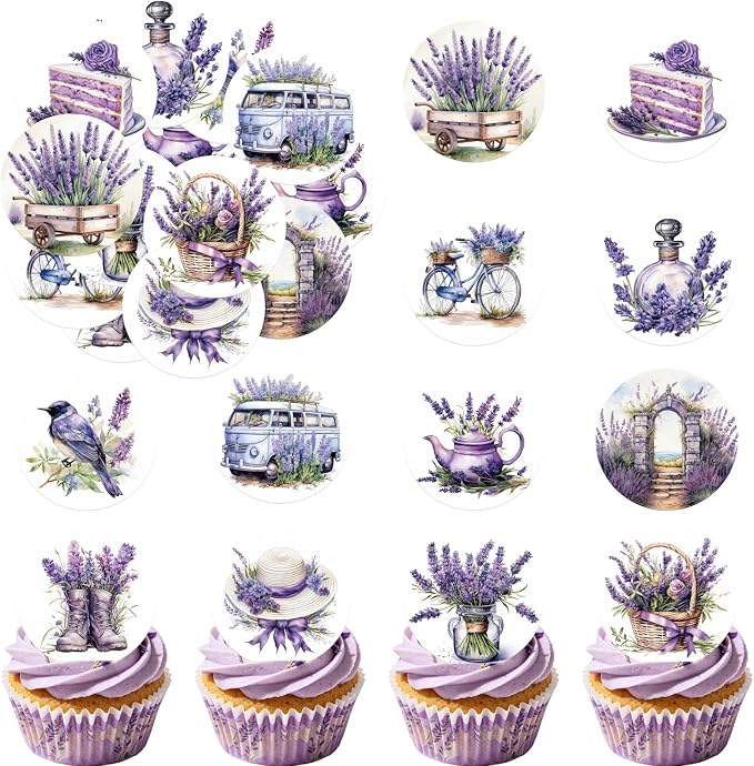 36PCS Edible Lavender Floral Cupcake Toppers Wafer Paper Purple Flowers Cake Picks Edible Lavender Bouquet Cupcake Toppers for Wedding Birthday Theme Floral Cake Decor Supplies