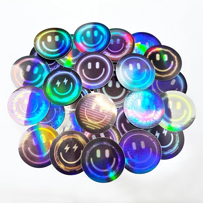 50PCS Smiling Neon Holographic Stickers, Cute Water Bottle Stickers for Kids, for Teaching Rewards, Notebooks, Stationery, Luggage, Cartoon PVC Happy Neon Stickers