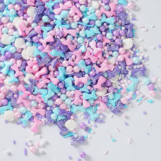 Mermaid Sprinkles Edible Sugar Pearl Shell Jimmies Mix 120g/4.3oz Pastel Sprinkles Ocean Summer Baking Cake Fun Decorations Perfect for Baking Ice Cream,Cookies,Dessert,Cupcake Topper,Birthday Party Supplies