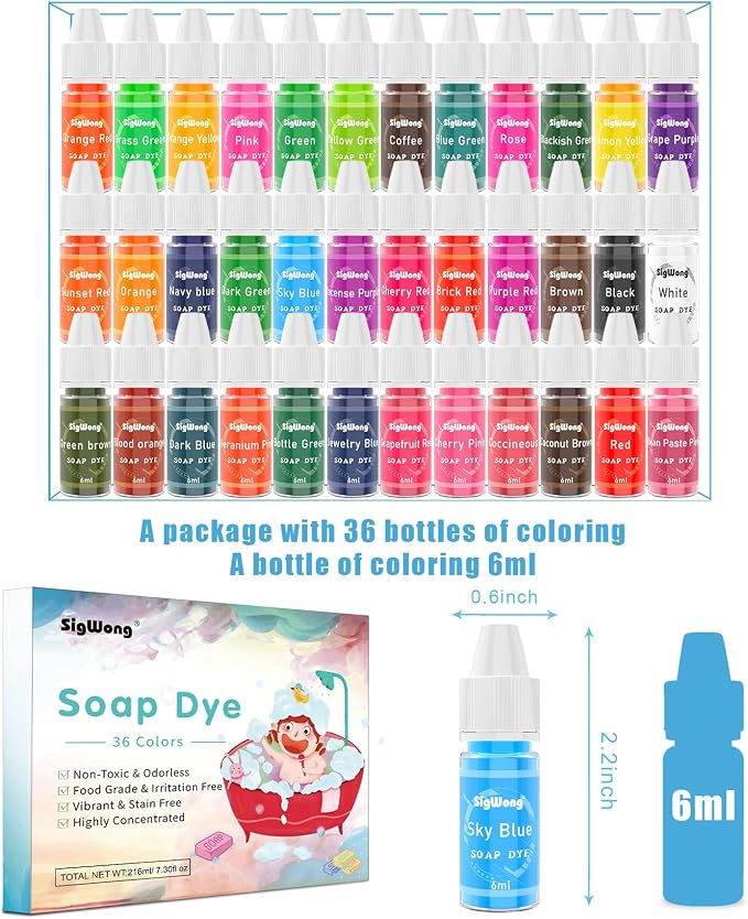Bath Bomb Soap Dye - 36 Colors Concentrated Food Grade Skin Safe Liquid Based Colorant Vibrant Rainbow Coloring for Making DIY, Supplies Kit, Salt Crafting