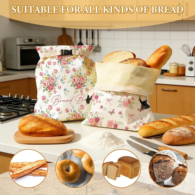 2 Pack Beeswax Bread Bags for Sourdough, 17x13 Inch Reusable Linen Beeswax Bread Bag with Buckle to Keeps Homemade Bread Freshness for Food Storage(Pink Floral)
