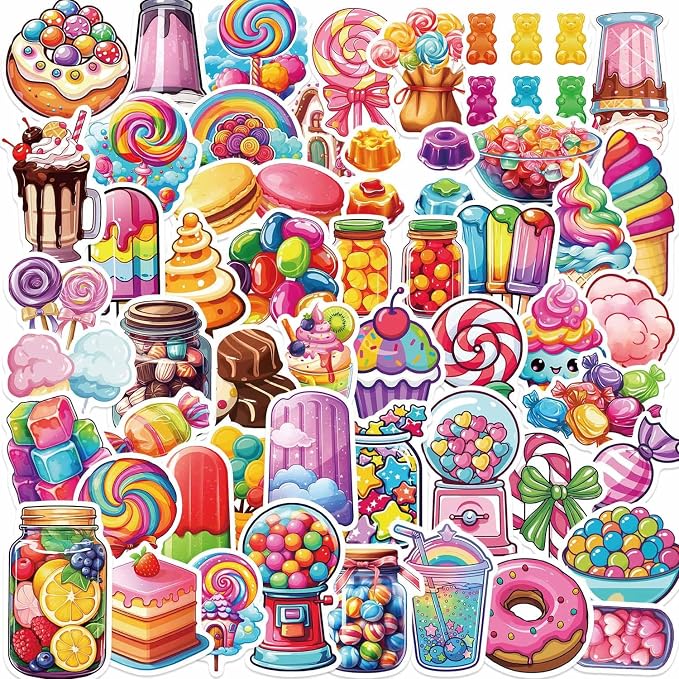 Cute Candies Lollipops Ice-Cream Cake Aesthetic Stickers, 50PCS Funny Sweets Aesthetic Waterproof Stickers for Water Bottles Laptop Journal Scrapbook, Sweet Snack Decals
