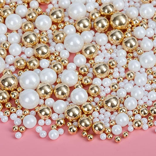 Edible Pearl Sprinkles,130g,White Gold Candy Mixing Size,Baking Pearls Sprinkle Edible Cake Decorations Cupcake Toppers,Cookie Decorating Celebrations Wedding Birthday Party Supplies