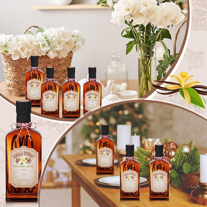 Suclain 8 Pack 8.5 oz Amber Glass Bottle for Vanilla Extract Homemade, Brown Vanilla Extract Bottles with Airtight Lid and Stickers for Syrup Gift Food Storage Canister Christmas Small Gift(Black)