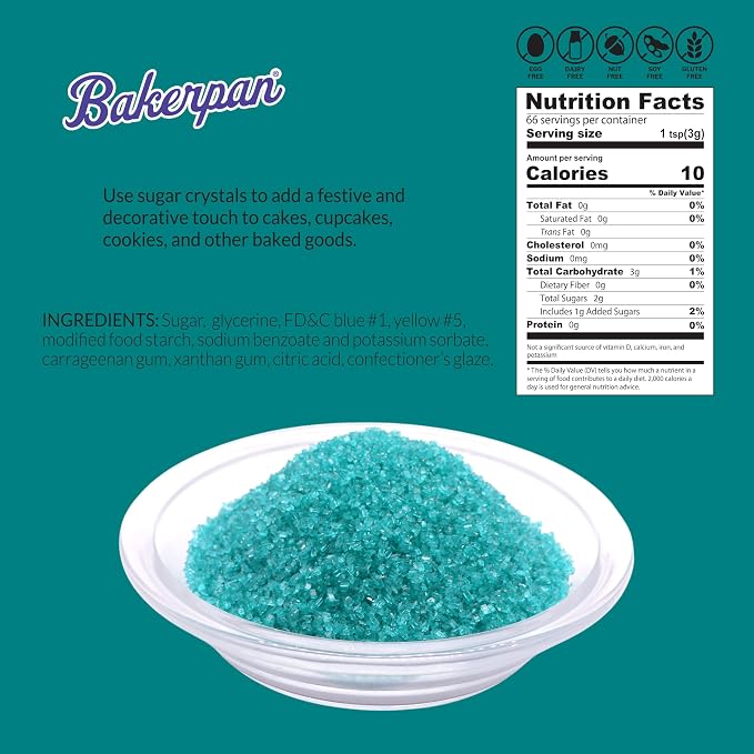 Bakerpan Teal Sugar Sprinkles for Baking - 7 oz Coarse Sparkling Decorating Sugar Crystals for Baking Topping, Cookies & Cupcakes | Kosher, Gluten-Free, Made in USA
