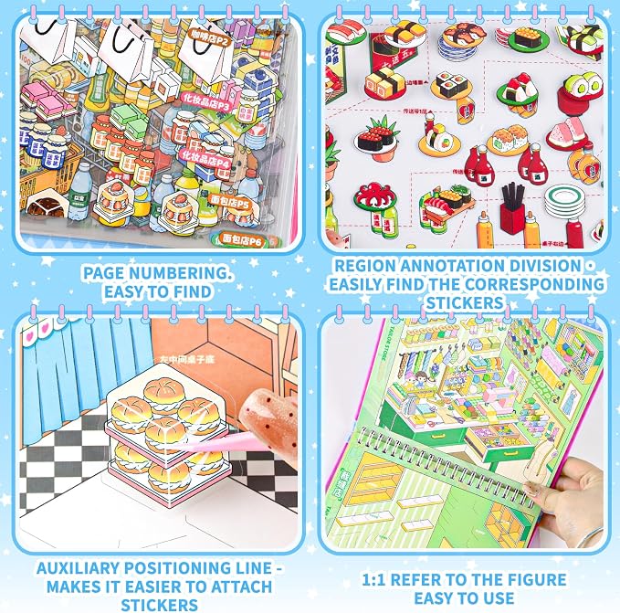 10Pcs Big Size 3D Stickers Scene Book DIY Make Your Own Scenes House Stickers Therapy for Adults Relief Stress Pass The Time (Multicolor)