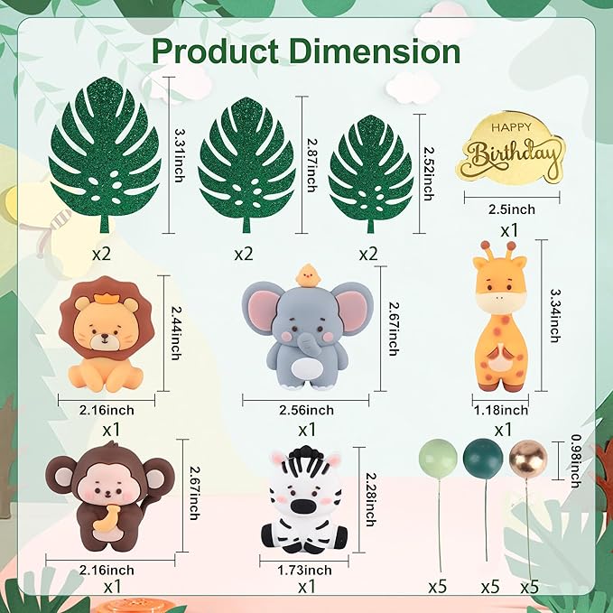 27PCS Safari Animal Cake Topper, Plam Leaves Balls Cake Decorations Birthday Cake for Wild Theme Birthday Decorations Supplies