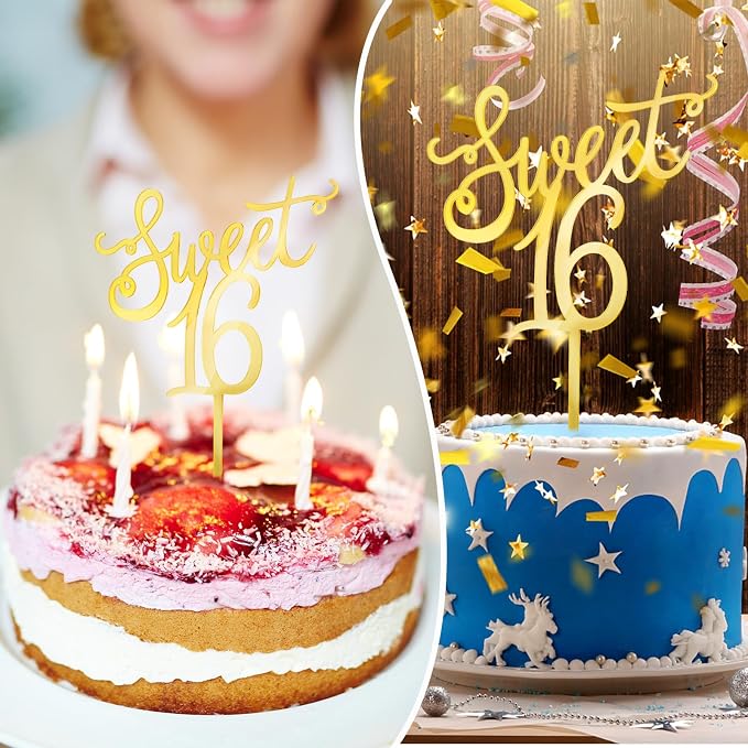 Ouligay Acrylic Sweet 16 Cake Topper Happy 16th Birthday Cake Topper Cheer to 16th Birthday Party Cake Decoration Gold
