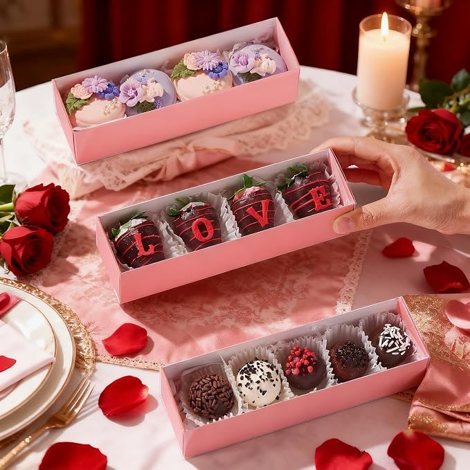 TEMLQPACK Bakery Packaging Supplies: 12Pack Pink Chocolate Covered Strawberry Box for 4, Macaron Boxes, Long Treat Box for Truffles, Cookies, Ores, Chocolate Cocoa Bombs & Cake Ball