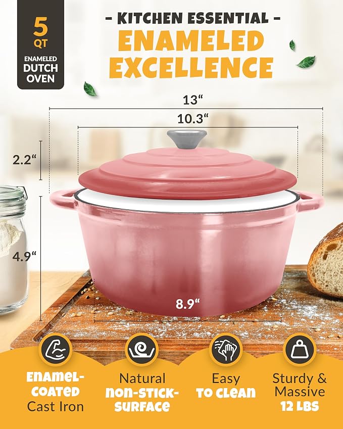 CRUSTLOVE Dutch Oven for Bread Baking - incl. Sourdough Bread-Baking Supplies like Banneton Bread-Proofing Basket - 5QT Enameled Cast Iron Bread-Oven with Lid, Baking Pan, Scoring Tool Lame
