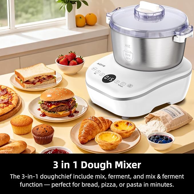 AIZIYO DoughChief, 5.3QT Dough Maker, Dough Mixer with Ferment Function, 304 Stainless Steel Bowl, Removeable lid, Face-up Touch Panel, Electric Stand mixer for Pizza, Bread, Pasta & Mochi