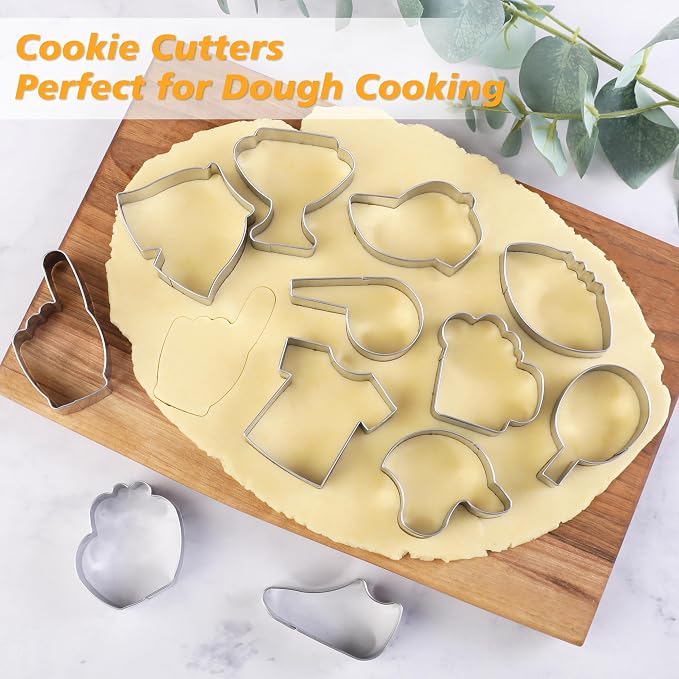 12PCS Football cookie cutter set Set, Fondant Biscuits Molds for Football, Jersey, Shorts, Shoe, Whistle, Helmet, Beer Mug, Glove, Trophy Cup, Cap, Table Tennis Racket, Foam Finger - Stainless Steel