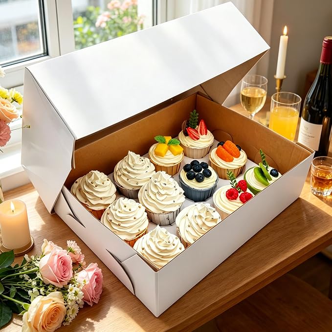 Jotique 12 Count Sturdy Corrugated Cupcake Boxes with Window, 12 Pack 13.25x10.25x4 Inch Bakery Holders for Cookies and Muffins, Disposable Treat containers for Pastry, Baked Goods, Gift Giving