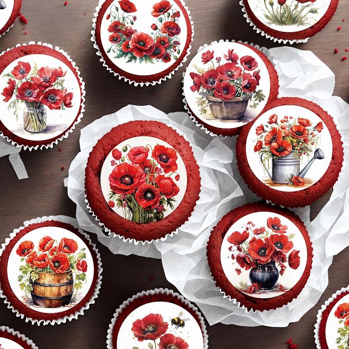 36PCS Edible Red Poppy Flowers Cupcake Toppers Wafer Paper Red Flowers Cake Picks Edible Poppy Wildflowers Cupcake Toppers for Wedding Birthday Theme Floral Cake Decor Supplies