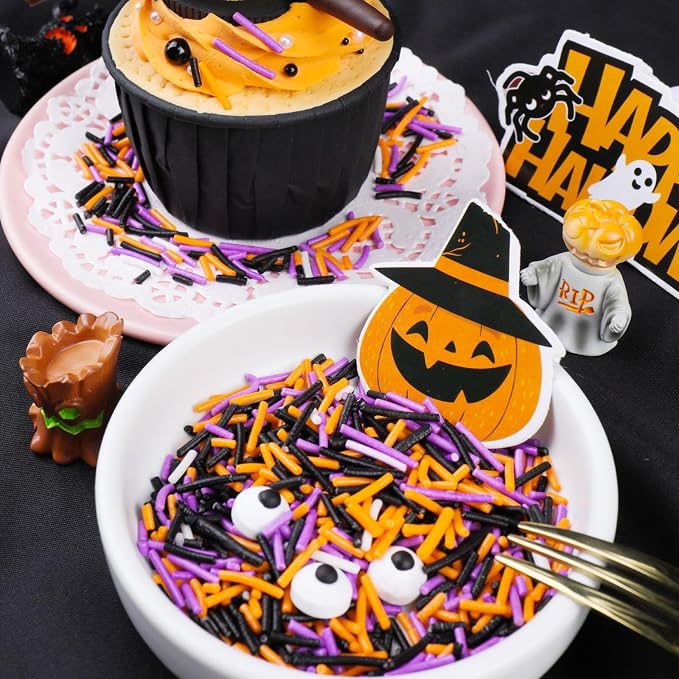 Halloween Sprinkles, Black Orange Purple White Jimmies with Edible Candy Eyes for Cake Decorating, 4.6oz Cookie Cupcake Decorations for Spooky Halloween Baking & Party Treats