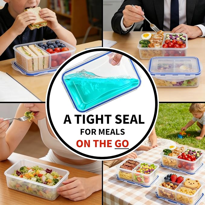 KIGI Lunch Container Set with Small Containers, 3 Compartment Food Storage for Meal Prep & Snacks, Leak-Proof & Airtight lids, BPA-free Plastic, Removable Divided Inserts, Microwave Safe, 24 Piece Set