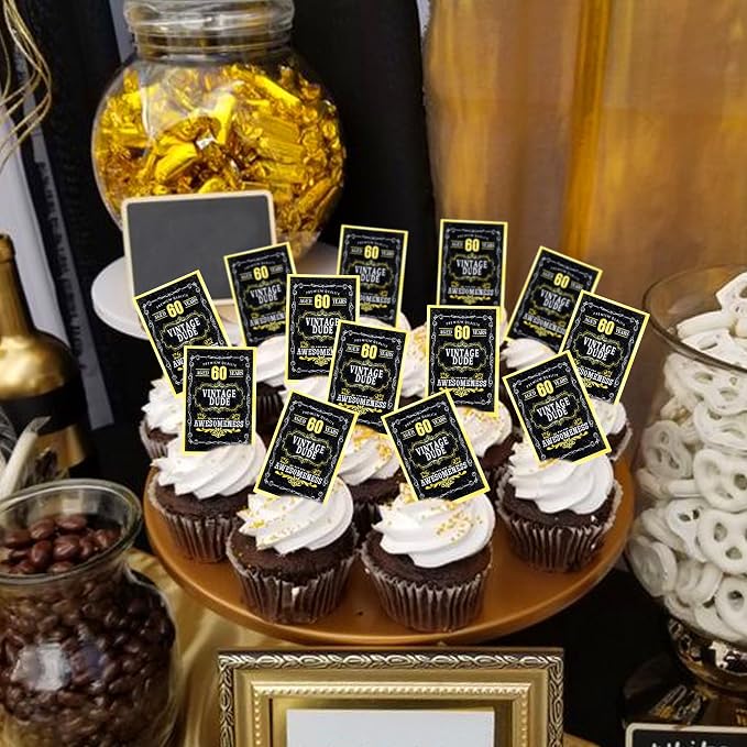 40Pcs Edible Rectangle 60th Birthday Card Cupcake Toppers Edible Golden Black 60 Vintage Dude Awesomeness Cupcake Picks Drink Toppers for 60th Vintage Birthday Anniversary Party Decorations