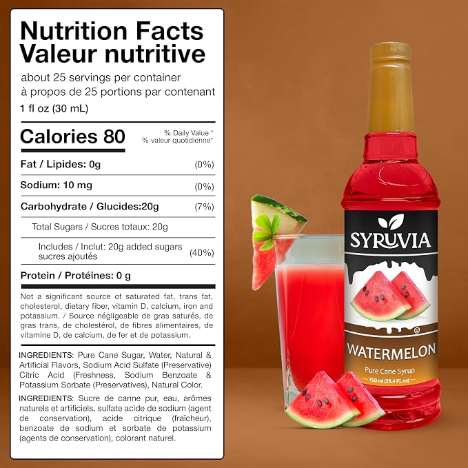 Syruvia Watermelon Syrup, Flavored Syrup for Cocktails, Fruit Drinks, Lemonades, and Desserts – 25.4 fl oz - with Pump