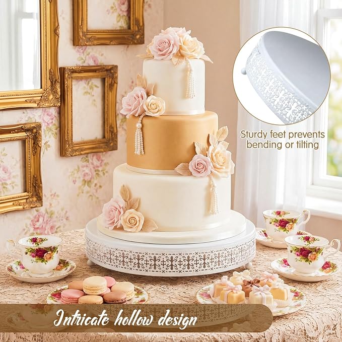 Wenqik White Cake Stand 16 Inch Metal Round Cupcake Dessert Wedding Cake Stand with Cutting & Spatula Cookies Display Holder Fruit Serving Tray for Table Wedding Birthday Anniversary Party