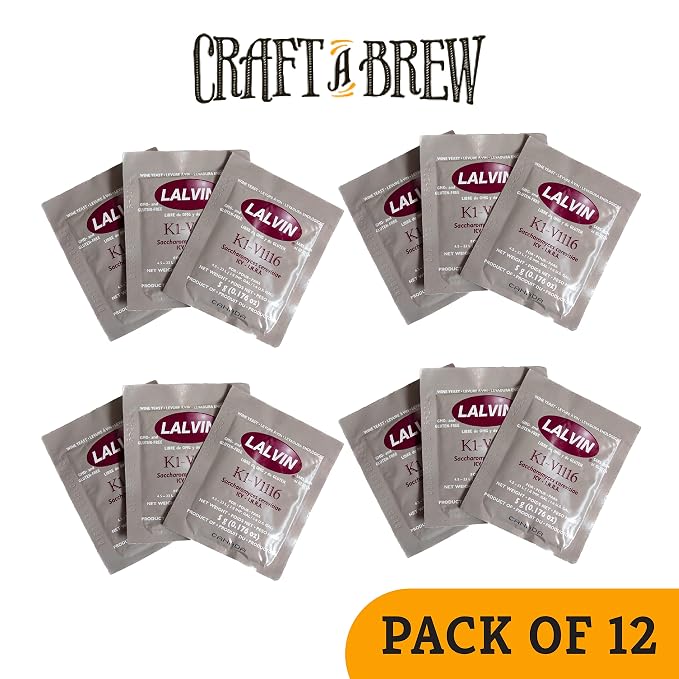 Craft A Brew - Lalvin K1-V1116 Wine Yeast - Neutral Dry Wine Yeast - For Traditional or Fruit Wines - Ingredients for Home Fermenting - Wine Making Supplies - 12 Pack