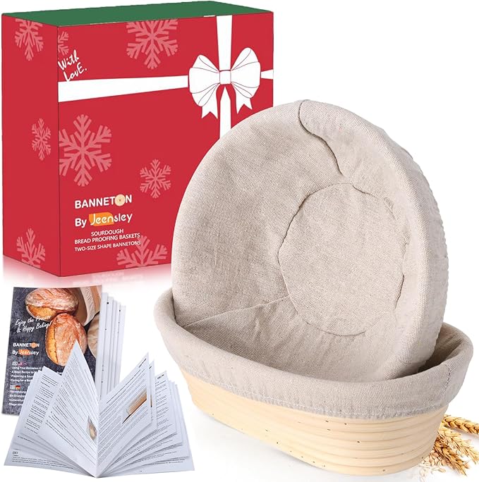 Banneton Bread Proofing Basket with Brochure Set of 2, Sourdough Baking Supplies for Rising, Round & Oval Proving Baskets with Liners, Handmade from Quality Natural Indonesian Rattan