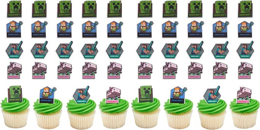 DecoPac Minecraft Lush Finds Rings, Cupcake Decorations Featuring Creeper, Alex, Steve and Axolotl! Multicolored 3D Food Safe Cake Toppers – 24 Count (Pack of 2)