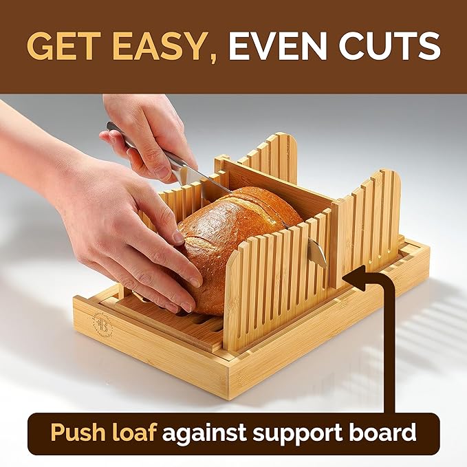 Bread Slicer for Homemade Bread - Bamboo Bread Slicer with Knife, Foldable Bread Slicing Guide with 3 Adjustable Thickness, Crumb Tray, Bread Cutter for Sourdough, Bagels, Loaf, Toast, Kitchen Gifts