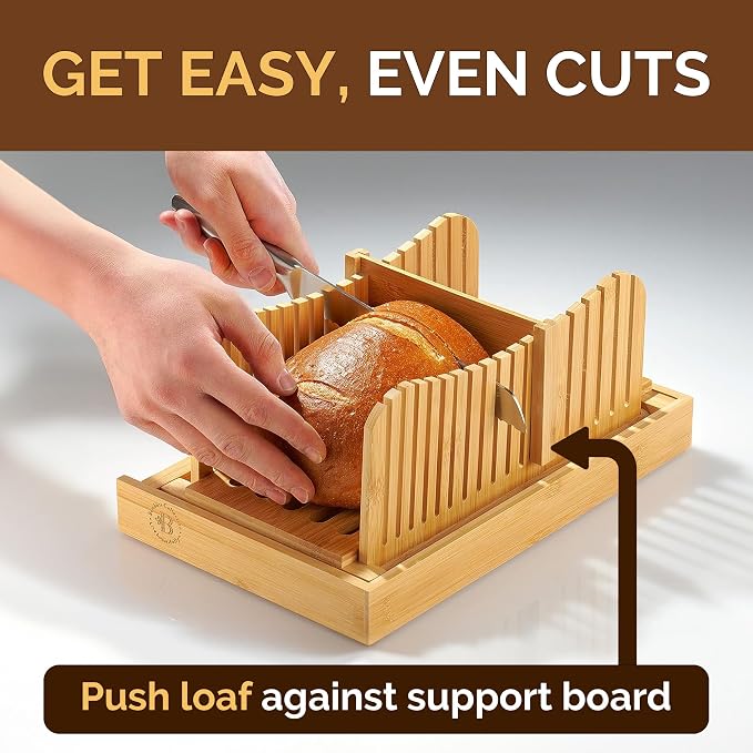 Bamboo Bread Slicer with Crumb Tray & Knife – 3 Slice Thickness Options, Foldable Storage, 10” Ultra Sharp Stainless Steel Bread Knife with Ergonomic Handle – Sourdough & Cake Cutter Set