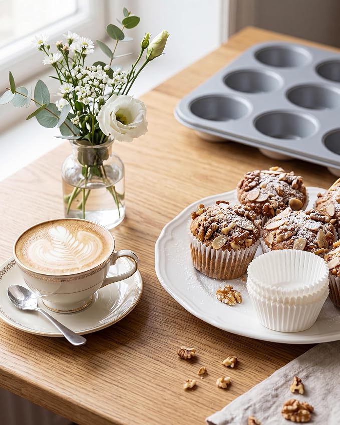 Bake Choice Muffin Pan for Baking, Standard Cupcake Pan includes 100 White Cupcake Liners, Muffin Tin Nonstick 12 Cup, Baking Pans Set,Carbon Steel Baking Supplies, Cream Gray