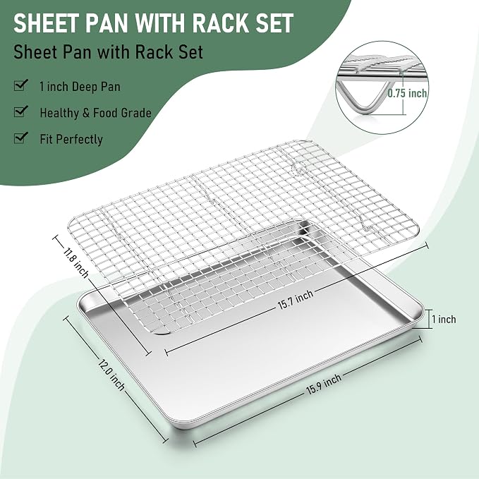 Homikit Baking Sheet with Wire Rack Set (1 Pan+1 Rack), 16" x 12" Stainless Steel Cookie Bacon Pan for Oven, Nonstick Jelly Roll Pan Baking Tray with Grid Cooling Rack for Cook Roast, Dishwasher Safe