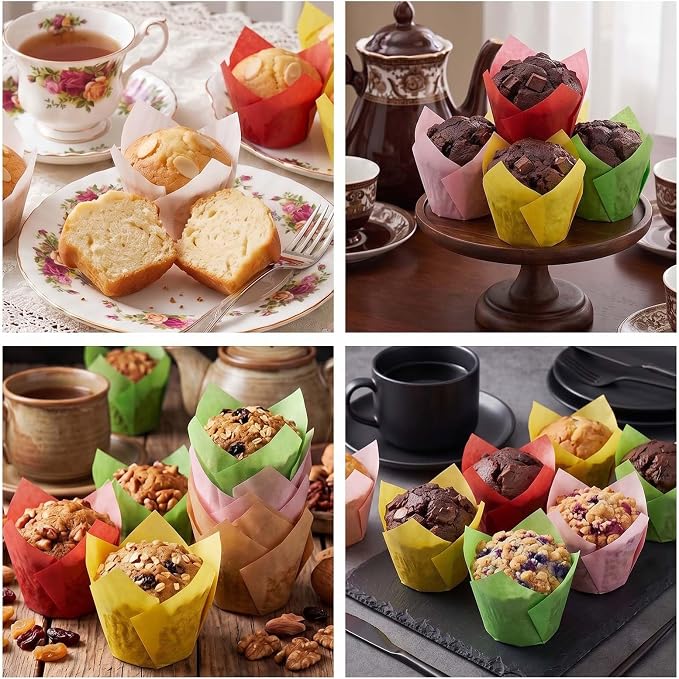 200 Pcs Tulip Cupcake Liners for Baking, Yellow Pink Red Green | Standard Greaseproof Tulip Muffin Liners for Baking, 3oz Paper Cupcake Wrappers for Party Wedding Birthday