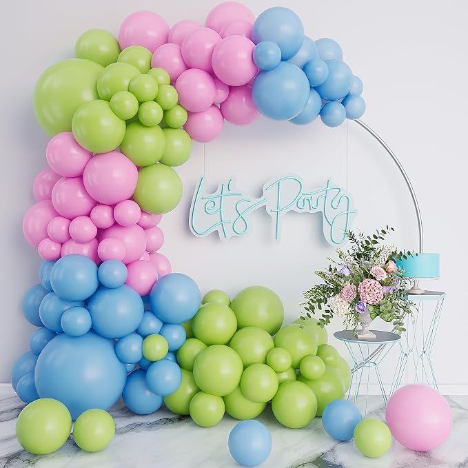 Blue and Pink Balloon Arch Garland Kit-Lime Green Balloon Latex Light Blue Balloon 122Pcs for Birthday,Graduation,Picnic,Baby Shower,Christmas Party Decoration.