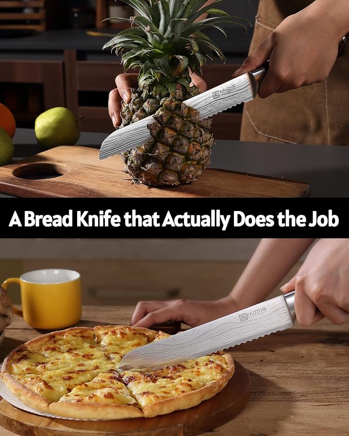 PAUDIN Bread Knife 8", Ultra Sharp Wave Edge - Forged Premium German HC Stainless Steel, Serrated Bread Knife for Homemade Bread and Sourdough Bread, Pakkawood Handle