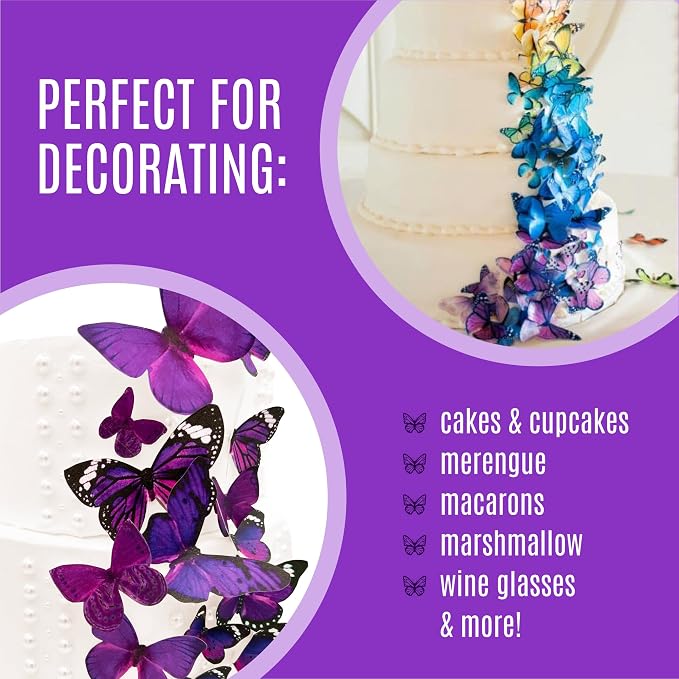 Sugar Robot Inc. Edible Butterflies for Cake Decorating - Assorted Sizes, Premium Crafted in the USA - Butterfly Cake Toppers & Cupcake Decorations (Royal Purple)