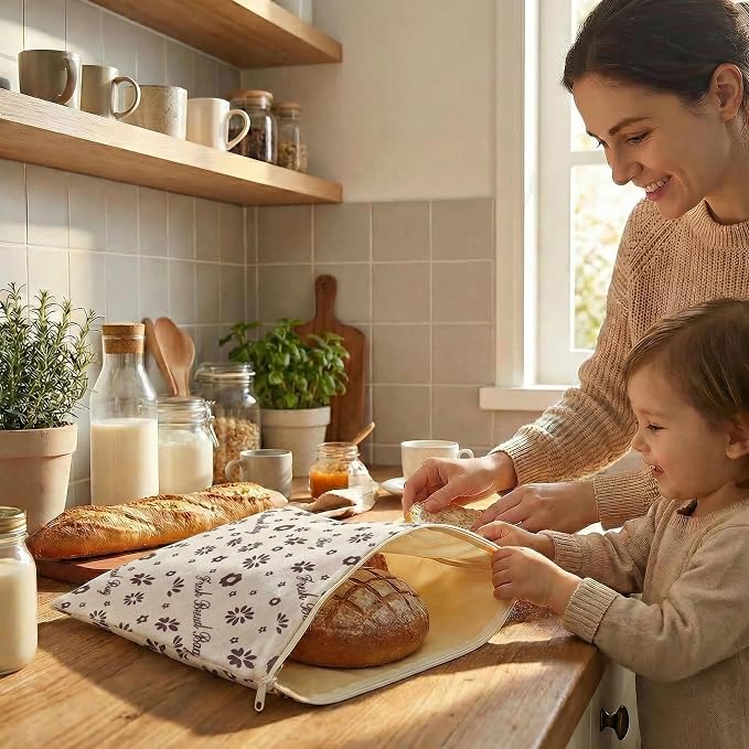 2-Pack Extra Large Beeswax Bread Bags with Zipper Seal – Reusable Bread Storage Bags, Eco-Friendly Natural Beeswax Lining, to Keep Homemade Bread Fresh for Sourdough & Artisan Loaves (grey) | with Zipper