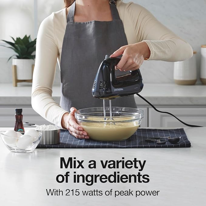 Proctor Silex Easy Mix 5-Speed Electric Hand Mixer with Bowl Rest, Compact and Lightweight, 215 Watts of Peak Power, Black (62511)