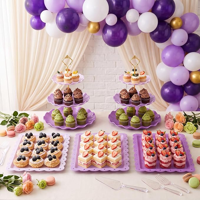 FoldTier 6 Pack Cupcake Stand Set 3 Pcs 3 Tier Gradient Dessert Table Display Stands Cookie Tray Rack 3 X14 in Rectangle Party Trays for Wedding Birthday Tea Party Baby Shower(Purple,Round)