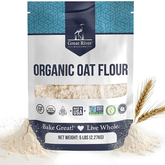 Great River Milling Organic Oat Flour | Gluten Free Whole Grain Flour | Non-GMO, Kosher, Vegan Certified | Naturally Sweet Flavor for Pancakes, Muffins, Cookies & Baking Blends | 5 Lb