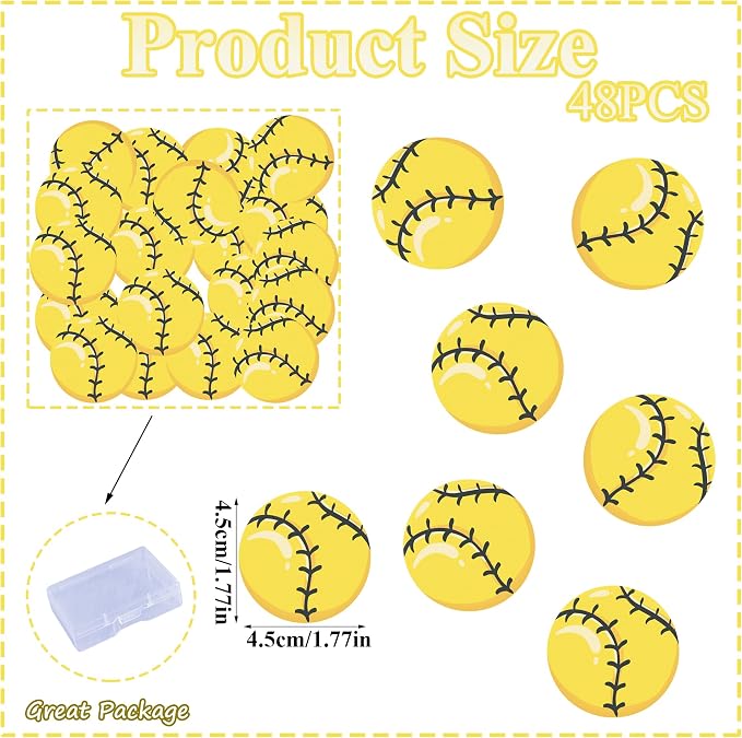 48pcs Edible Sports Cupcake Toppers Edible Basketball Soccer Baseball Tennis Rugby Cake Decorations for Sports Ball Game Theme Baby Shower Birthday Party Cake Decorations Supplies (softball)