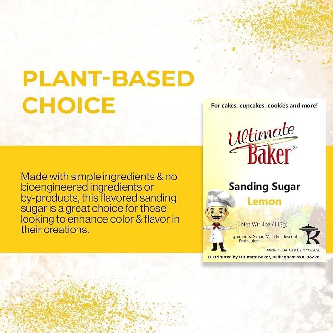 Ultimate Baker - Sanding Sugar, Lemon Flavor - Vibrant, Naturally Colored Baking & Decorating Sugar, Perfect for Sprinkling on Cakes, Desserts & Confections, Medium Crystal - 4oz