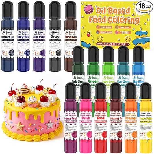Oil Based Food Coloring for Chocolate - 16 Colors Concentrated Oil Food Dye, Food Grade Dye Set for Melting Chocolate, Candy Melts, Icing Frosting, Fondant, Cake Decorating, Baking, Cookies - 0.35 Fl.Oz/Bottles