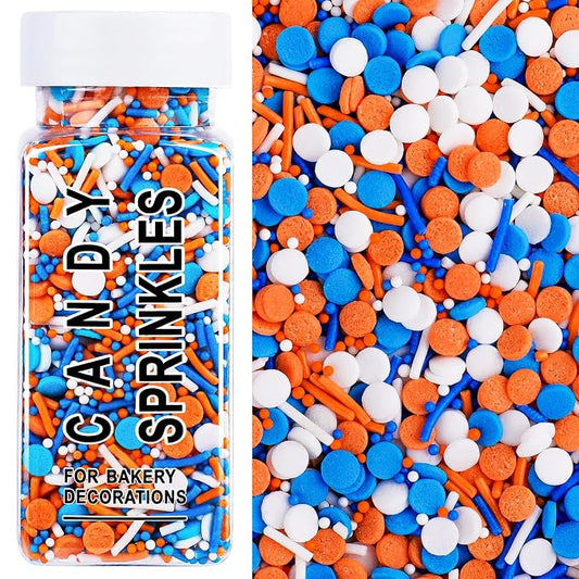 Orange Blue White Sprinkles for Cake Decorating, 4.6oz Ice Cream Sprinkles 3-Mix Nonpareils Confetti Jimmies for Cupcakes Dessert Baking